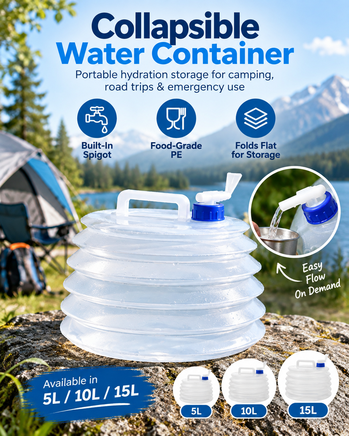 Foldable Outdoor Water Storage Jug with Tap, Collapsible Food Safe Water Container for Camping Trips, BBQ, RV, Emergency Backup