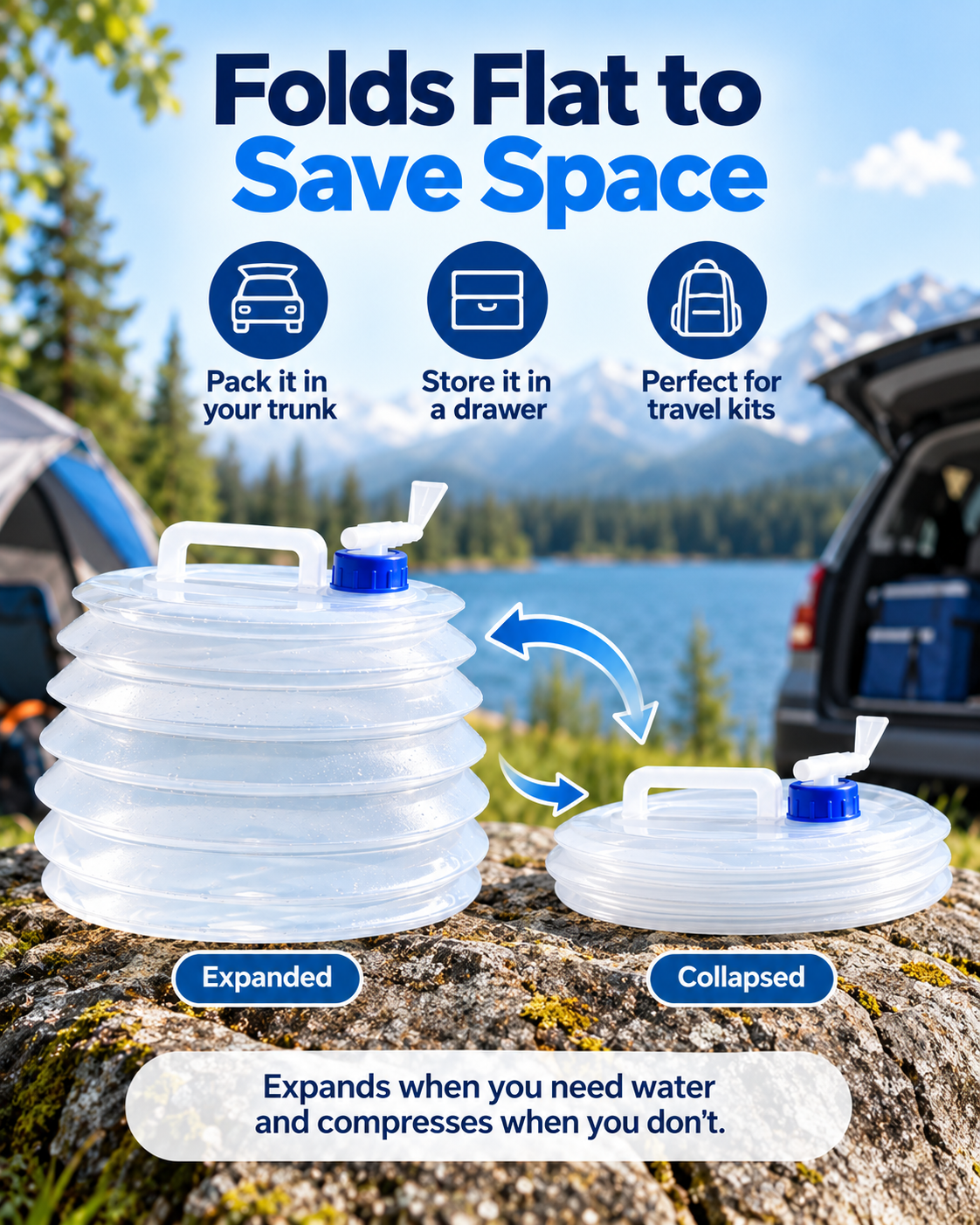 Foldable Outdoor Water Storage Jug with Tap, Collapsible Food Safe Water Container for Camping Trips, BBQ, RV, Emergency Backup