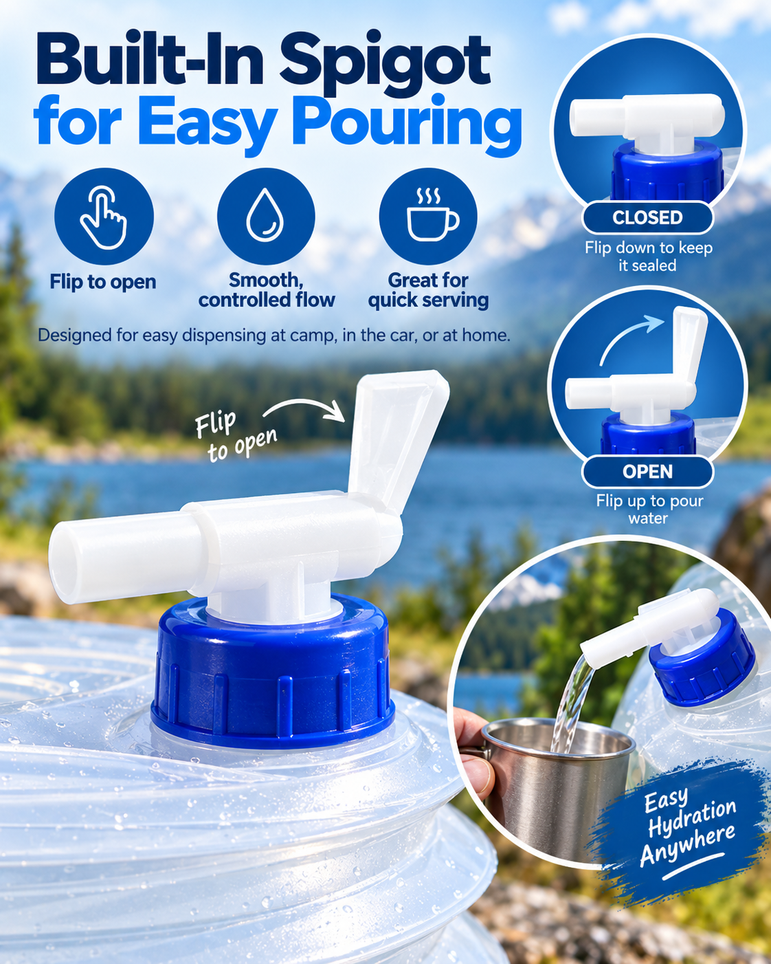 Foldable Outdoor Water Storage Jug with Tap, Collapsible Food Safe Water Container for Camping Trips, BBQ, RV, Emergency Backup