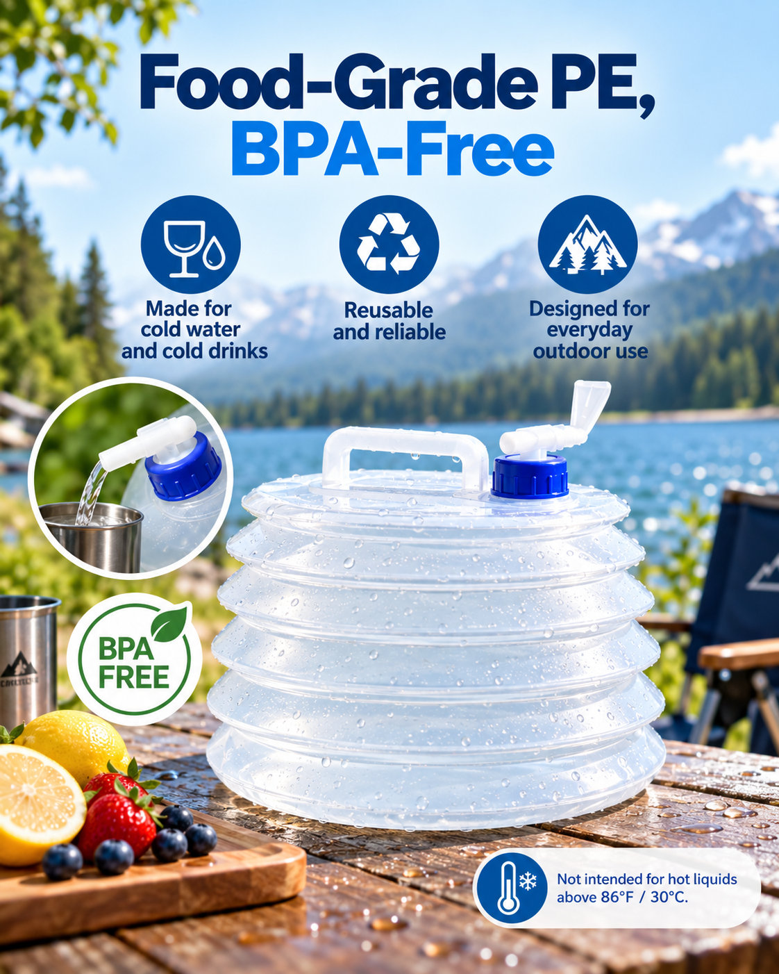 Foldable Outdoor Water Storage Jug with Tap, Collapsible Food Safe Water Container for Camping Trips, BBQ, RV, Emergency Backup