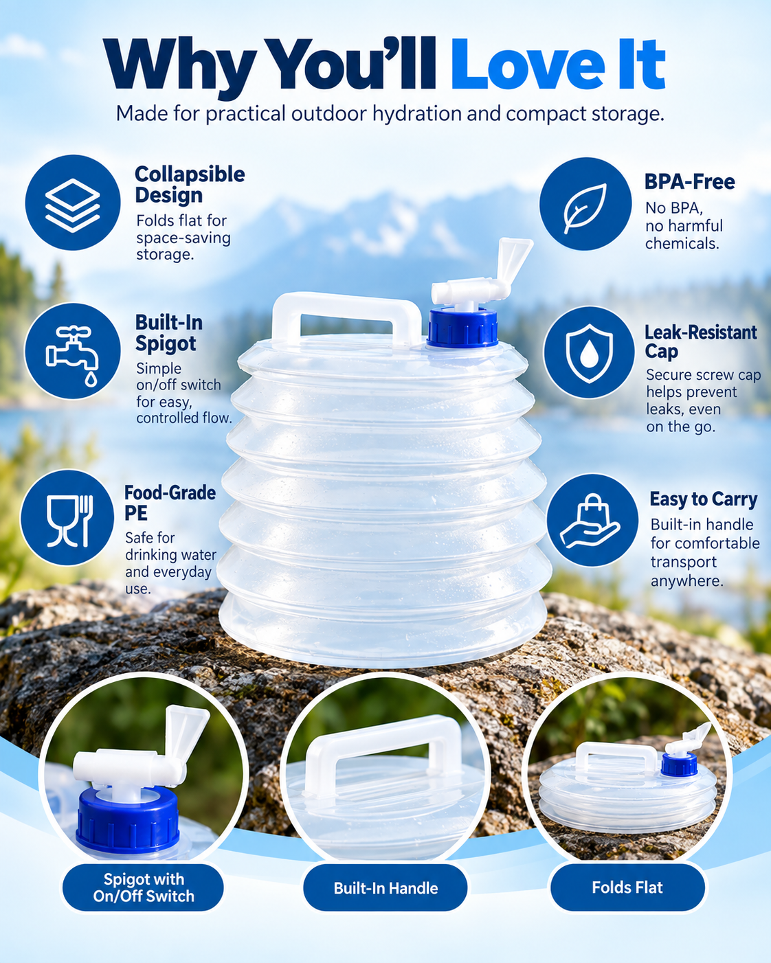 Foldable Outdoor Water Storage Jug with Tap, Collapsible Food Safe Water Container for Camping Trips, BBQ, RV, Emergency Backup