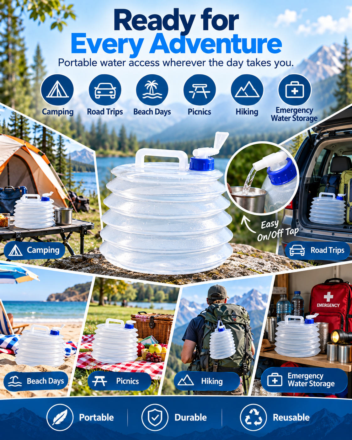 Foldable Outdoor Water Storage Jug with Tap, Collapsible Food Safe Water Container for Camping Trips, BBQ, RV, Emergency Backup