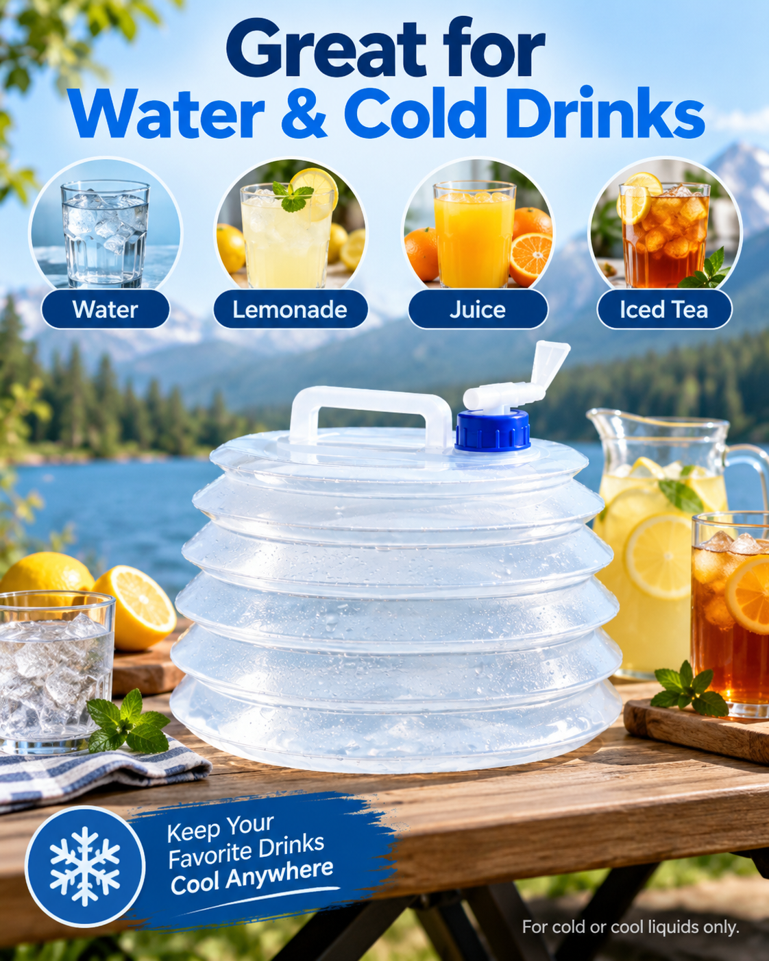 Foldable Outdoor Water Storage Jug with Tap, Collapsible Food Safe Water Container for Camping Trips, BBQ, RV, Emergency Backup