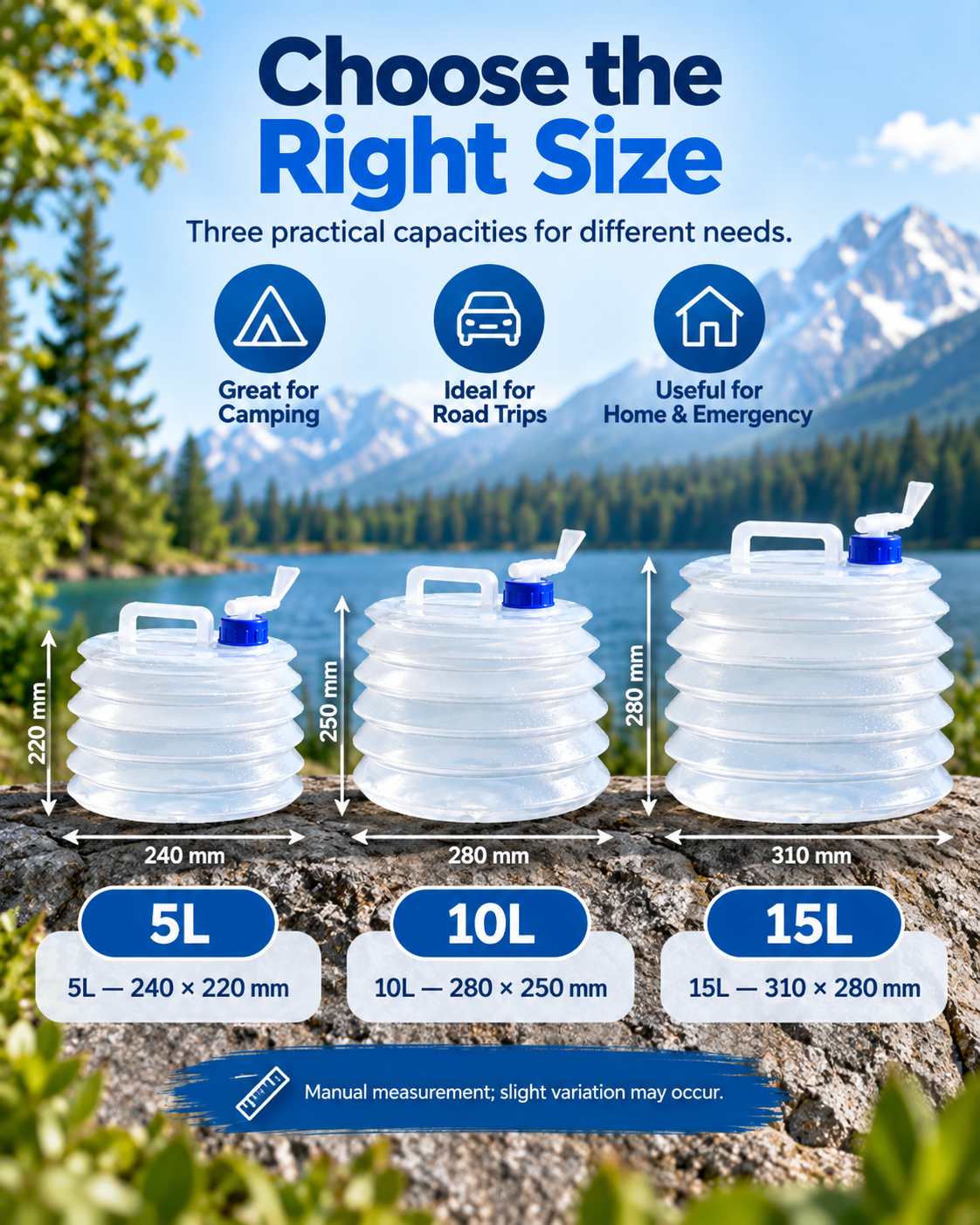 Foldable Outdoor Water Storage Jug with Tap, Collapsible Food Safe Water Container for Camping Trips, BBQ, RV, Emergency Backup
