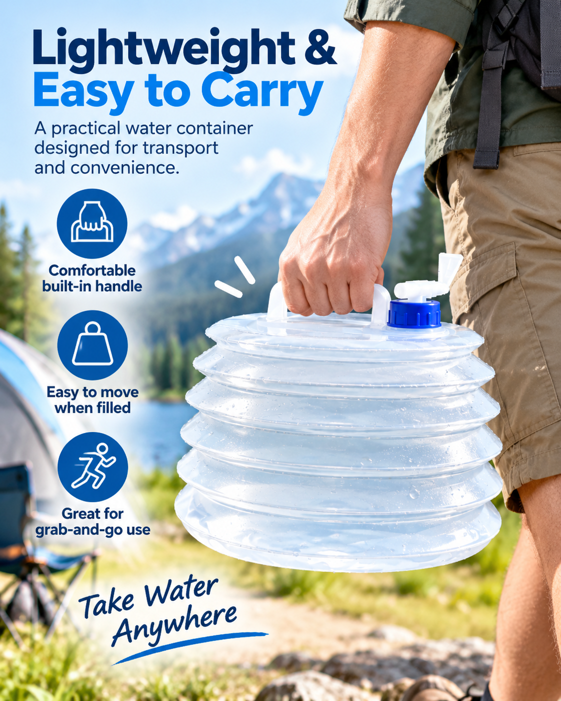 Foldable Outdoor Water Storage Jug with Tap, Collapsible Food Safe Water Container for Camping Trips, BBQ, RV, Emergency Backup